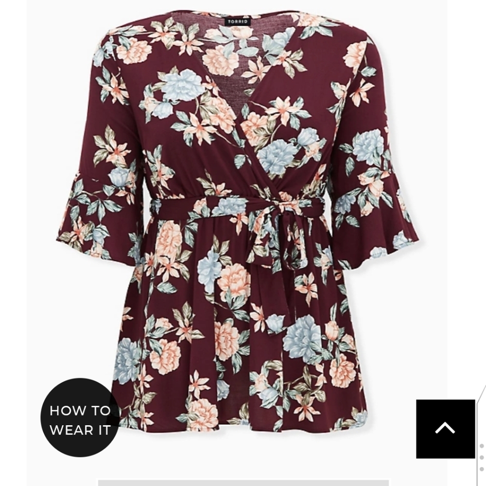 🆕2X BURGUNDY FLORAL CHALLIS WRAP BABYDOLL TOP